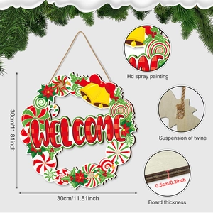 Christmas round wooden welcome sign with candy cane and bow decor for front door, 30cm