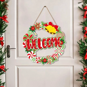 Christmas round wooden welcome sign with candy cane motifs and red bow for front door decor