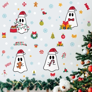 Christmas ghost PVC window stickers with festive snowflakes and Merry Christmas lettering