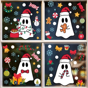Christmas ghost window decals with snowflakes and festive cartoon characters on glass pane