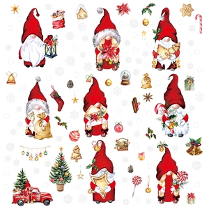 Festive Christmas gnomes and holiday decoration window stickers with red watercolor accents