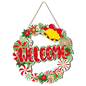 Christmas round wooden welcome sign with candy cane and holly design for door decor