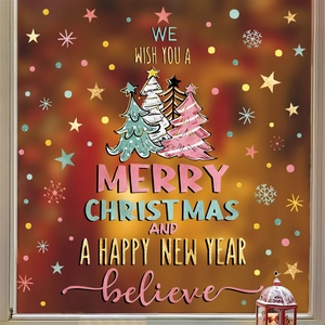 Self-adhesive watercolor Christmas tree wall stickers with snowflakes and festive quotes