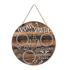 Round wooden Christmas welcome sign with Santa's treats print and rustic hanging rope