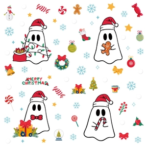 Merry Christmas window stickers featuring cute cartoon ghosts with festive holiday elements