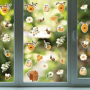 Spring honey bee window decals with honey pots and flowers for kids room decor