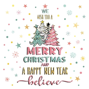 Watercolor Christmas tree wall stickers with snowflakes and Merry Christmas typography