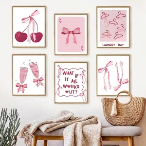 Set d'affiches cerises et boule 8 rose pour décoration murale de chambre esthétique