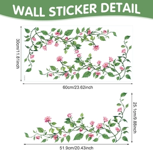 Size specifications for pink flower vine wall stickers showing 60x30cm layout dimensions