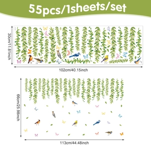 Detail of green willow vines and birds wall decal set showing dimensions and layout