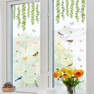 Green willow leaves wall decals with colorful birds and butterflies on window glass