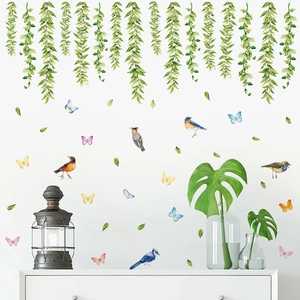 Realistic Willow Vines Hummingbird Butterfly Wall Stickers PVC Removable Green Plants Wall Decals For Home Living Room Bedroom Decoration