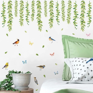 Watercolor green willow vines with birds and butterflies PVC wall decals for home decor