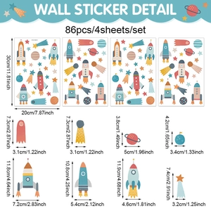 Detailed size specifications for space-themed rocket and planet wall stickers set