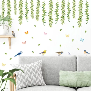 Green willow vine wall stickers with birds and butterflies for a fresh living room decor