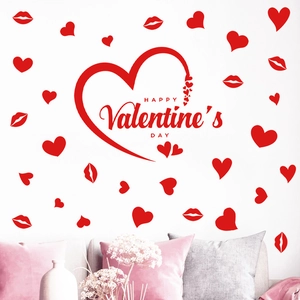 Happy Valentine's Day red heart and lips wall decals set for romantic home decor