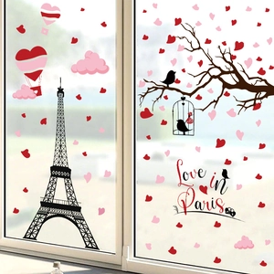 Romantic Paris Eiffel Tower window stickers with pink hearts and birdcage for home decor