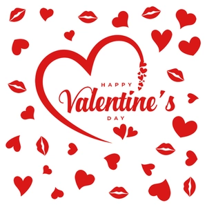 Happy Valentine's Day wall stickers with red hearts and lip prints on a white background