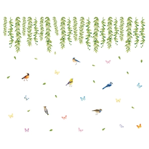 Green willow branch wall stickers with watercolor hummingbirds and colorful butterflies