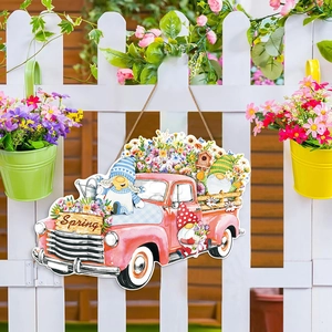 Spring gnome pink pickup truck wooden welcome sign for door decoration on white fence