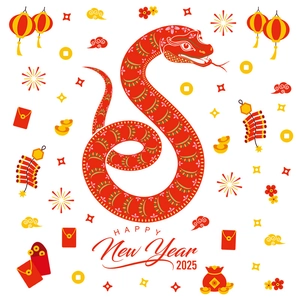 2025 Snake Year Happy New Year wall sticker with festive lanterns and red snake design