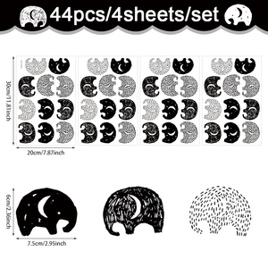 Modern elephant and moon wall decal set with 44 minimalist black peel and stick stickers