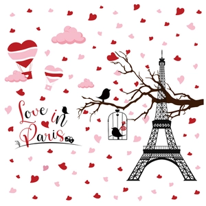 Romantic Paris Eiffel Tower wall sticker with pink hearts and birdcage for Valentine decor