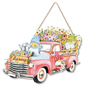 Spring gnome pink pickup truck wooden welcome door sign with floral garden decor