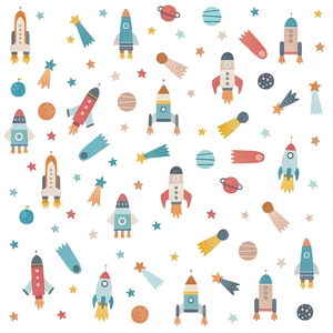 Cartoon space wall stickers with colorful planets, rockets, and stars for nursery decor