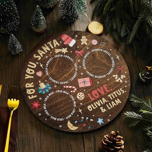 Plateau de Noël rond en bois pour le Père Noël avec biscuits et collations