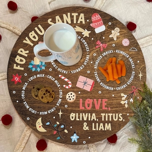 Plateau de Noël en Bois Père Noël Pour Lait Biscuits Snacks Renne Plaque en Bois Ronde Décoration Murale Enseigne Suspendue Cadeau