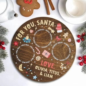 Plateau de Noël rond en bois personnalisé pour le goûter du Père Noël et lait