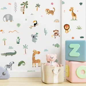 Bohemian Jungle Animal Wall Stickers PVC Waterproof DIY Cartoon Giraffe Lion Decal For Kids Room Nursery Home Decor