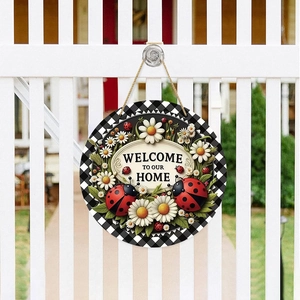 Spring farmhouse welcome door sign with ladybugs and daisy floral decoration