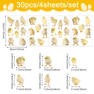 Set of 30 realistic yellow chick wall decals showing dimensions for kids room decor