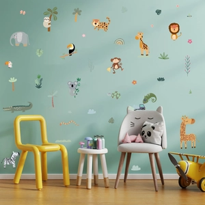 Boho jungle animals wall decals with elephant lion giraffe for nursery decor