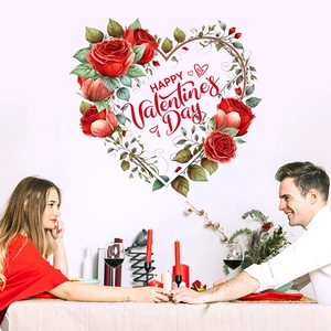 Happy Valentine's Day wall stickers with red roses and heart vines for home decor