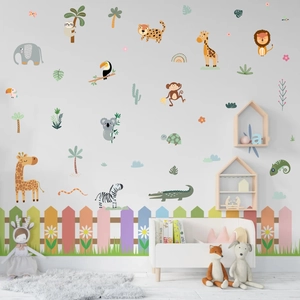 Boho jungle animals wall decals with giraffe and lion for kids room decoration