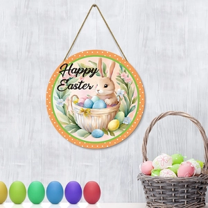 Holz Happy Easter Willkommensschild für die Tür mit Hasen und bunten Eiern