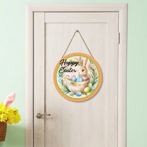 Willkommensschild aus Holz zu Ostern mit Hase und bunten Eiern für die Haustürdekoration