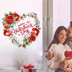 Valentine's Day heart-shaped window sticker with red roses and gold floral accents
