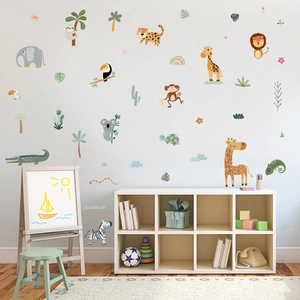 Bohemian forest animals wall stickers for kids room featuring giraffe and lion decals