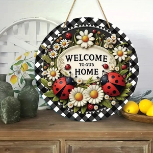 Round Wooden Welcome Sign Farmhouse Door Decor Daisy Ladybug Floral Pattern Rustic Wall Hanging For Spring Home Decoration