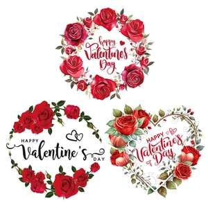 Happy Valentine's Day PVC wall stickers featuring red rose heart and floral wreath designs