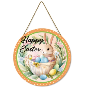 Rundes Oster-Türschild aus Holz mit Aquarell-Hase und Blumenkranz zur Frühlingsdeko