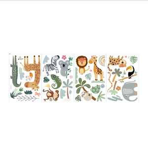 Boho jungle animals wall decals with giraffe, lion and elephant for kids room decor