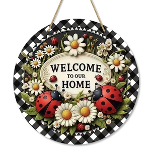 Spring round wooden welcome sign with daisies, ladybugs and black buffalo check border
