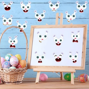 Easter bunny face expression stickers set on wooden easel with colorful eggs decor