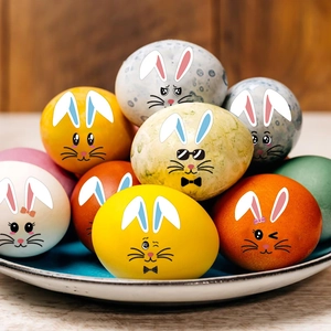 Autocollants d'oeufs de Pâques avec visages de lapins mignons et accessoires variés