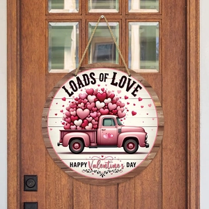 Valentine's Day wooden door sign with pink truck and hearts, Loads of Love hanging decor